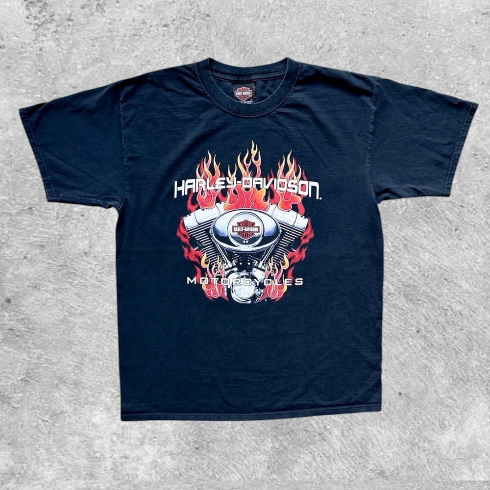 Vtg 2003 Harley Davidson Flaming Engine Tee Rocky's London ON Biker L 21.5x28.25
